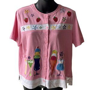 VTG 90s Petite Pink Short Sleeve Button Up Patches Embroidery Spring Women’s PM